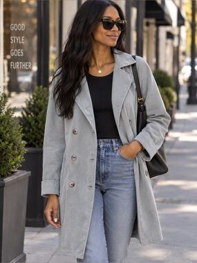 Gallery Petite Trench Coat Womens PM Light Blue Double Breasted Raincoat
